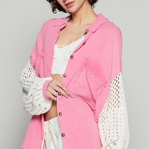 New POL Clothing Women's Gauze Knit Button Front Shacket Oversized Shirt Pink - Picture 6 of 10